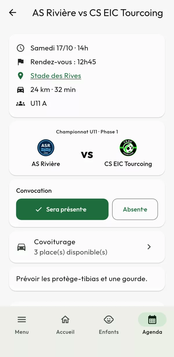 Écran Club 360 : convocation au match, date, rendez-vous, stade et trajet