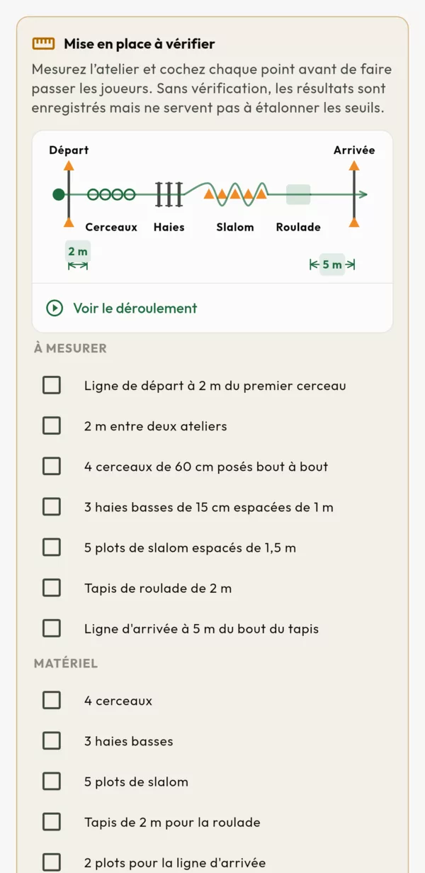 Écran Club 360 : fiche du parcours de motricité, avec le schéma des cerceaux, haies, slalom et roulade, et les distances à vérifier avant le test
