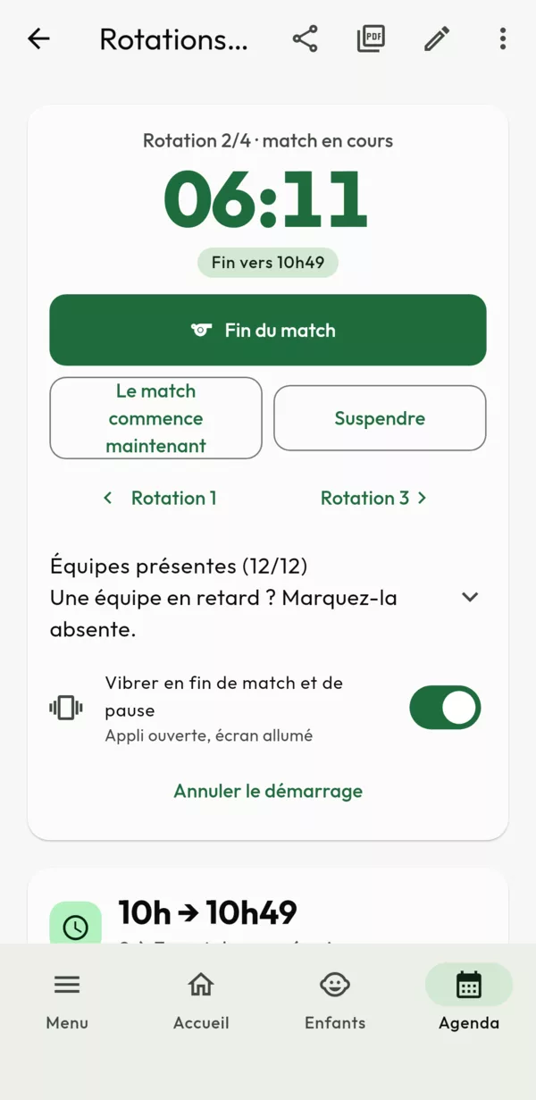 Écran Club 360 : plateau en direct, rotation 2 sur 4, chronomètre du match en cours et bouton Fin du match