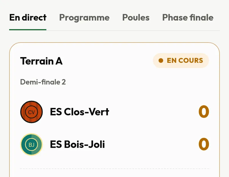 Exemple fictif, En direct : une carte par terrain, le match en cours et le suivant